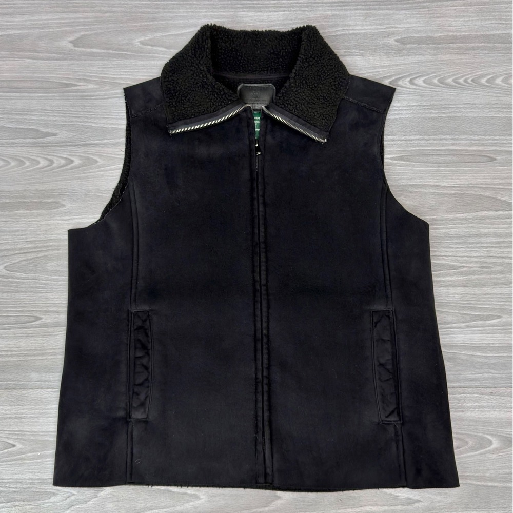 Lauren Ralph Lauren Mens Black Faux Suede Sherpa Lined Full Zip Vest Large L